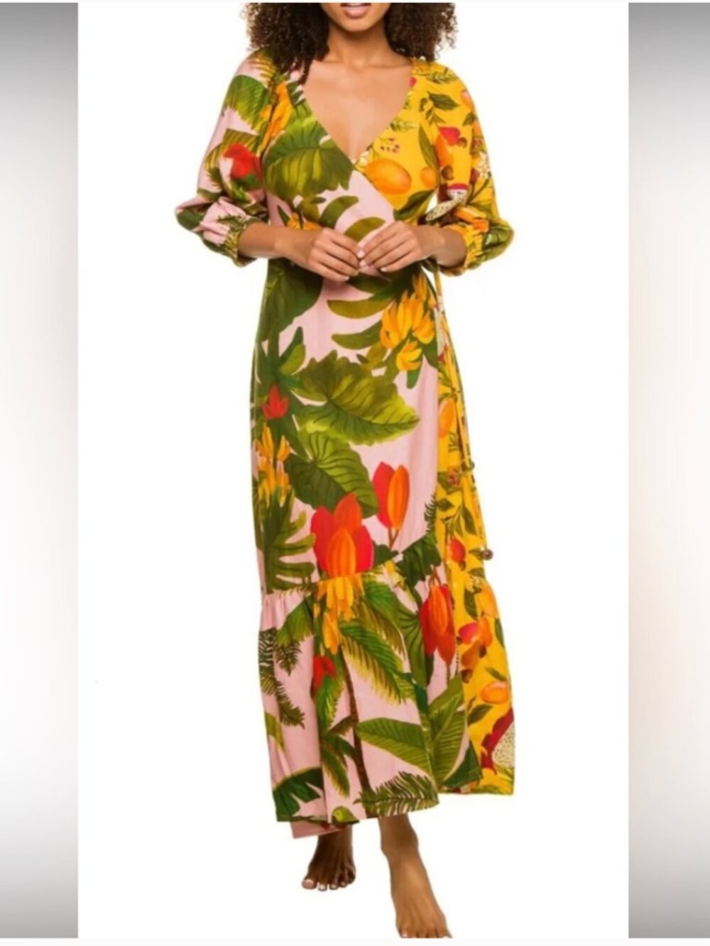 Farm Rio Mixed Prints Midi Wrap Dress Size Small - Picture 2 of 14